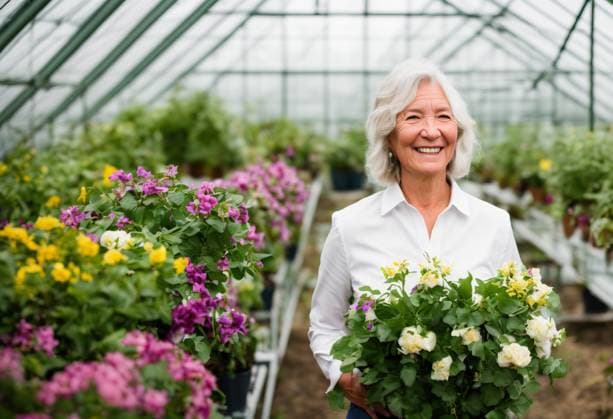 Generative Ai image of positive senior female gardener looking at camera while standing with flowers in greenhouse AdalbertoRodriguez_ID13162_401682_012 Copyright: xAdalbertoxRodriguezx Model Released
