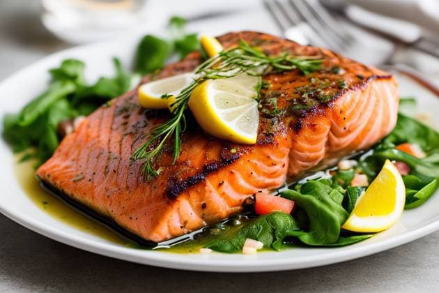 Generative AI illustration of appetizing baked salmon with green herbs and lemon slices served on white plate AdalbertoRodriguez_ID13181_402090_001 Copyright: xAdalbertoxRodriguezx Model Released