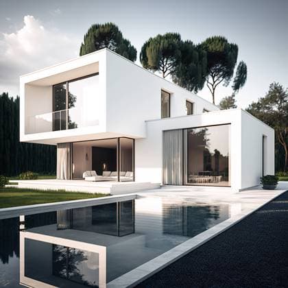 AI GENERATED IMAGE Generative AI illustration exterior of contemporary minimalistic villa with panoramic windows and swimming pool surrounded by green trees HodeiUnzueta_ID13172_401773_002 Copyright: xHodeixUnzuetax Model Released