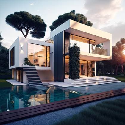 Generative AI illustration exterior of contemporary minimalistic villa with panoramic windows and swimming pool surrounded by green trees during sunset HodeiUnzueta_ID13172_401774_003 Copyright: xHodeixUnzuetax Model Released