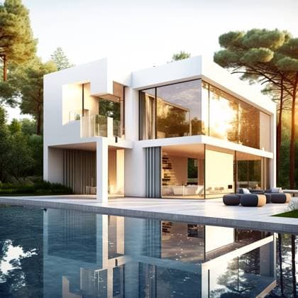 AI GENERATED IMAGE Generative AI illustration exterior of contemporary minimalistic villa with panoramic windows and swimming pool surrounded by green trees during sunset HodeiUnzueta_ID13172_401775_004 Copyright: xHodeixUnzuetax Model Released
