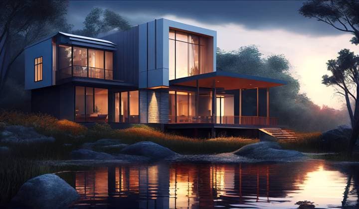 AI GENERATED IMAGE Generative AI illustration of big modern cottage with panoramic windows located near small lake in evening HodeiUnzueta_ID13172_401778_006 Copyright: xHodeixUnzuetax Model Released