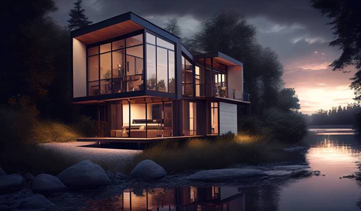 AI GENERATED IMAGE Generative AI illustration of big modern cottage with panoramic windows located near small lake in evening HodeiUnzueta_ID13172_401779_007 Copyright: xHodeixUnzuetax Model Released