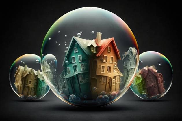 Multicolored transparent housing bubbles of different sizes on black background representing concept of inflation OierAso_ID13191_402526_004 Copyright: xOierxAsox Model Released