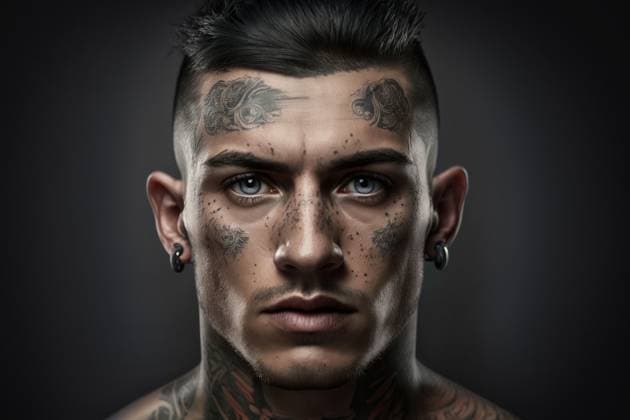 AI generated hyperrealistic graphic design art portrait of serious bearded male model with tattoo and freckles looking at camera against dark background TeoTarras_ID13125_399839_006 Copyright: xTeoxTarrasx Model Released