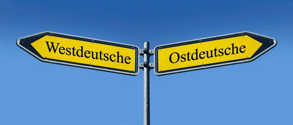 two signposts with West German and East German two signposts with West German and East German, 20 03 2023, Borkwalde, Brandenburg, In two directions show signposts with the lettering West German and East German