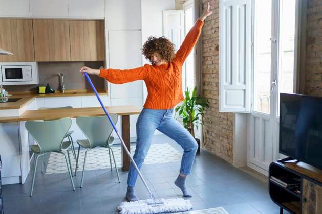 Happy woman with mob dancing at home model released, Symbolfoto property released, JSMF02682