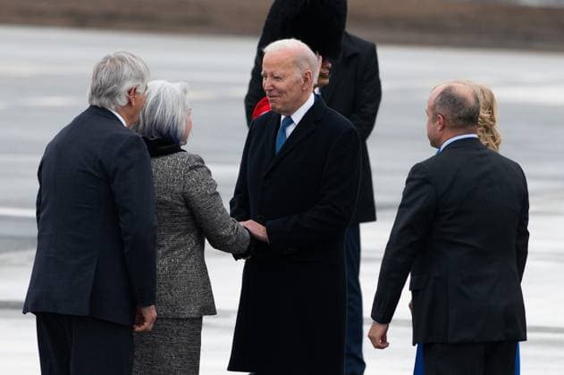 March 23, 2023, Ottawa, ON, CANADA: U.S. President Joe Biden is greeted by Governor General Mary Simon at Ottawa MacdonaldöÄÃ¬Cartier International Airport ahead of an official state visit in Ottawa, Thursday, March 23, 2023. Ottawa CANADA  - ZUMAc35_ 20230323_zaf_c35_103 Copyright: xSpencerxColbyx