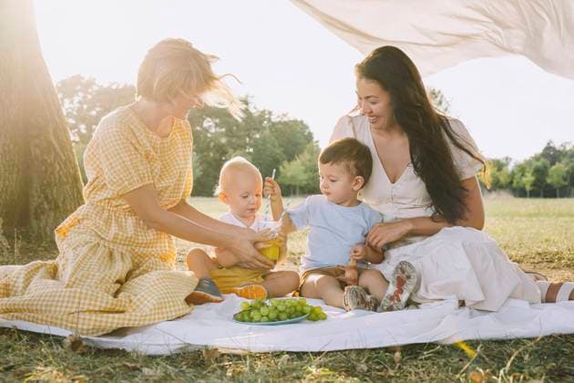 Happy women sitting with sons at picnic holding glass of juice model released, Symbolfoto, NDEF00416