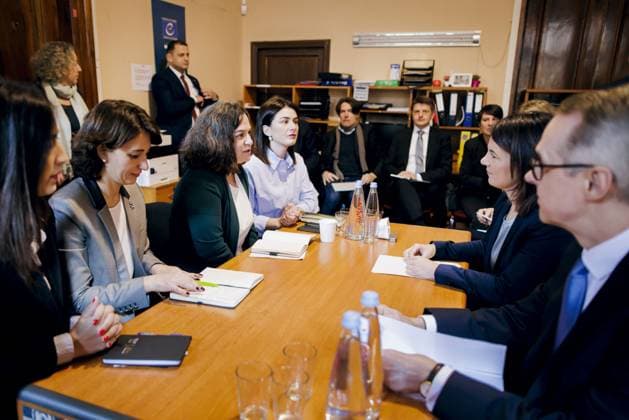 Annalena Baerbock Buendnis 90 Die Gruenen , German Foreign Minister, meets with representatives of Georgian civil society at the non-governmental organization Georgian Young Lawyers Association GYLA Tbilisi, 24 03 2023 Tbilisi Georgia Copyright: xThomasxTrutschelx