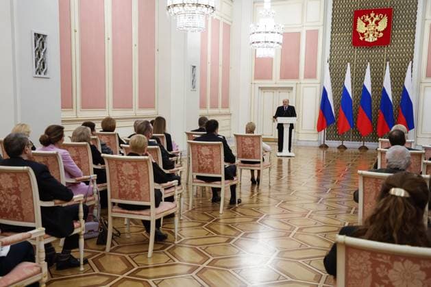 RUSSIA, MOSCOW - MARCH 24, 2023: Russia s Prime Minister Mikhail Mishustin (C) speaks during a ceremony at the House of the Government to present national awards in the field of culture for 2022. Dmitry Astakhov POOL TASS  58044958
