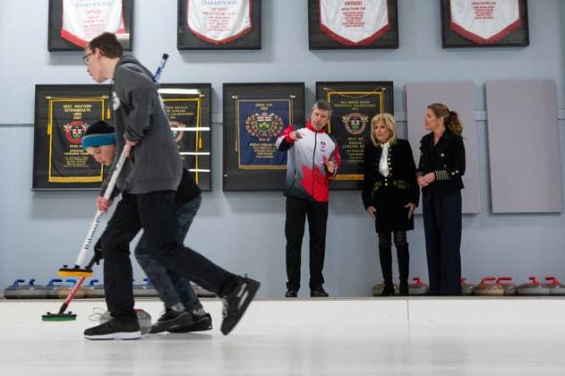 March 24, 2023, Ottawa, ON, Canada: First lady Jill Biden, and Sophie Gregoire Trudeau watch as youth playing curling at the Rideau Curling Club during U.S. President Joe Biden s official trip in Ottawa, on Friday, March 24, 2023. Ottawa Canada  - ZUMAc35_ 20230324_zaf_c35_008 Copyright: xSpencerxColbyx