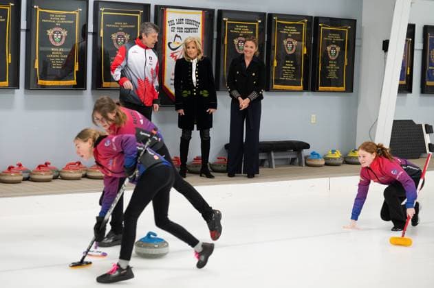 March 24, 2023, Ottawa, ON, Canada: First lady Jill Biden, and Sophie Gregoire Trudeau watch as youth playing curling at the Rideau Curling Club during U.S. President Joe Biden s official trip in Ottawa, on Friday, March 24, 2023. Ottawa Canada  - ZUMAc35_ 20230324_zaf_c35_007 Copyright: xSpencerxColbyx