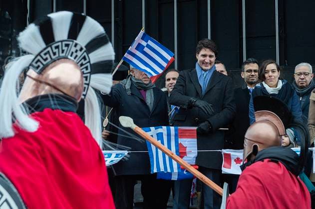 March 26, 2023, Montreal, PQ, Canada: Prime Minister Justin Trudeau looks on as participants pass by during the Greek Independence Day Parade in Montreal, Sunday, March 26, 2023. Montreal Canada  - ZUMAc35_ 20230326_zaf_c35_030 Copyright: xGrahamxHughesx