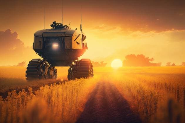 AI GENERATED IMAGE Generative AI illustration of futuristic landscape of field with road and robotic machines against colorful sky with clouds in sundown in summer IvanAcedo_ID13036_396867_005 Copyright: xIvanxAcedox Model Released