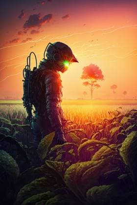 AI GENERATED IMAGE Side view of generative AI illustration of fantasy cyborg working on agricultural field in sunset light IvanAcedo_ID13036_396869_007 Copyright: xIvanxAcedox Model Released