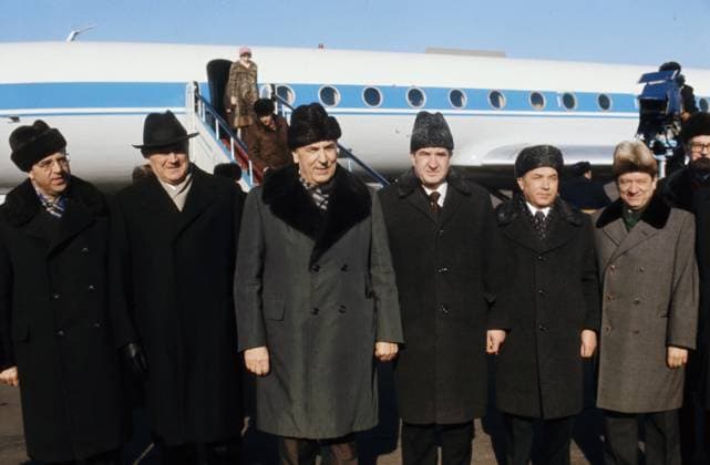 February, 1976. Moscow, USSR. Members of the Polish United Workers Party delegation headed by First Secretary of the Polish United Workers Party Edward Gierek (3rd L), who arrived to take part in the 25th Congress of the Communist Party of the Soviet Union, attend a welcome ceremony at the airport. The exact date of the photograph is unknown. Viktor Koshevoi TASS  19110091