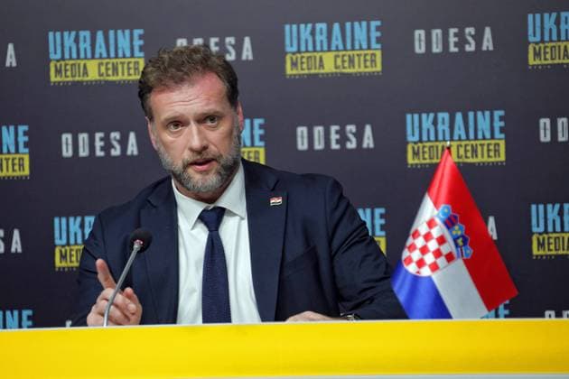ODESA, UKRAINE - MARCH 29, 2023 - Minister of Defence of the Republic of Croatia Mario Banozic attends a joint briefing with Minister of Defence of Ukraine Oleksii Reznikov in Odesa, southern Ukraine. Briefing of defence ministers of Ukraine and Croatia  Copyright: xNinaxLiashonokx