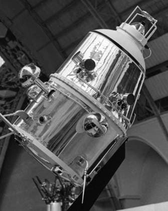 Moscow, USSR. September, 1967. A view of the Luna-10 robotic spacecraft at the Pavilion No. 32 Kosmos at the Exhibition of Achievements of National Economy. The exact date of the photograph is unknown. Valentin Cheredintsev TASS  18491747