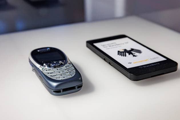 An original cell phone of Angela Merkel with which she was eavesdropped by the US secret service Besides a tap-proof crypto cell phone The exhibition DeutschlandDigital from 24 March 2023 to 04 February 2024 in the House of History in Bonn 30 03 2023 Bonn Gronau NRW Germany