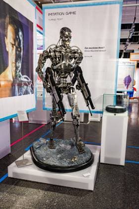 A robot T 800 a prop from the movie Terminator with Arnold Schwarzenegger The exhibition DeutschlandDigital from 24 March 2023 to 04 February 2024 at the House of History in Bonn 30 03 2023 Bonn Gronau NRW Germany