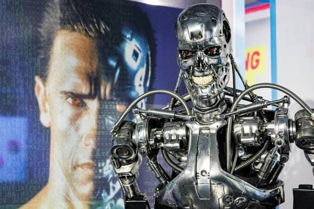 A robot T 800 a prop from the movie Terminator with Arnold Schwarzenegger The exhibition DeutschlandDigital from 24 March 2023 to 04 February 2024 at the House of History in Bonn 30 03 2023 Bonn Gronau NRW Germany