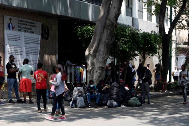 Haitian migrants ask for respect for their human rights in Mexico March 29, 2023, Mexico City, Mexico: Haitian migrants apply for their permit to transit or stay in Mexico at the Mexican Commission for Refugee Assistance in Mexico City. on March 29, 2023 in Mexico City, Mexico (Photo by Luis Barron Eyepix Group). Copyright: xLuisxBarronx xEyepixxGroupx LB20230329_COMAR_MIGRANTES2