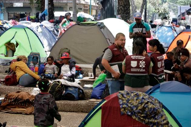 Haitian migrants ask for respect for their human rights in Mexico March 29, 2023, Mexico City, Mexico: Haitian migrants in a camp set up in Giordano Bruno Park waiting for their immigration permits in Mexico City. on March 29, 2023 in Mexico City, Mexico (Photo by Luis Barron Eyepix Group). Copyright: xLuisxBarronx xEyepixxGroupx LB20230329_PARQUE_GIORDANO_BRUNO_MIGRANTES5