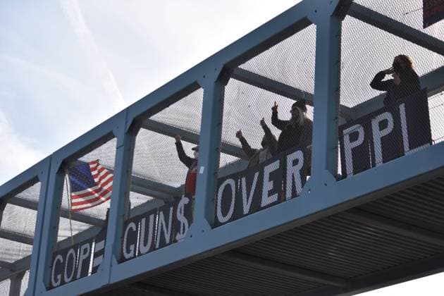 Protesters Argue That The Republican Party Is Putting Guns Over People Amidst Mass Shooting At A Private Christian School In Nashville, Tennessee-NJ Demonstrators in Paramus, New Jersey, United States on March 29, 2023 from The Visibility Brigade in Bergen County protested the recent mass shooting at a private Christian school in Nashville, Tennessee. Activists gathered on a highway overpass near the Bergen Town Center mall with signage saying, GOP = Guns Over People . Activists also displayed a sign that read mass shootings this year = 130 , and signs saying no assault rifles. Activists argued that the Republican Party is putting guns ahead of the constituents they serve and that members of the Republican Party are not doing enough t  Copyright: xKylexMazzax originalFilename: mazza-njprotes230329_np9MN.jpg