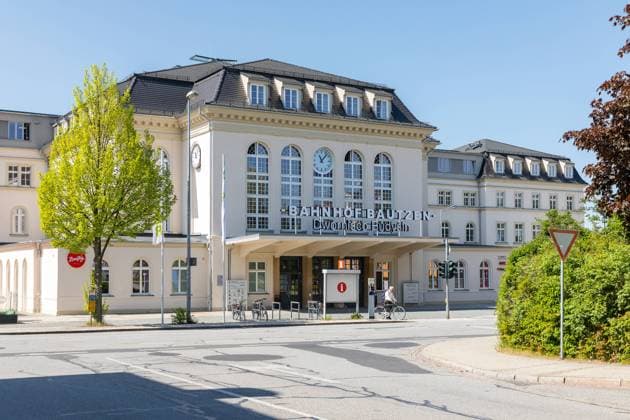 Exterior view of train station with Rathenauplatz, Bautzen, Saxony, Germany