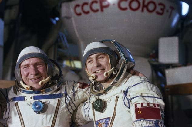 June 1-11, 1983. Moscow Region, USSR. Crew members of the Soyuz T-9 spacecraft, Hero of the Soviet Union, commander Vladimir Lyakhov (L) and flight engineer Alexander Alexandrov have pre-flight trainings at the Yuri Gagarin Cosmonaut Training Centre in Zvyozdny Gorodok. The exact date of the photograph is unknown. Albert Pushkarev TASS  32399401