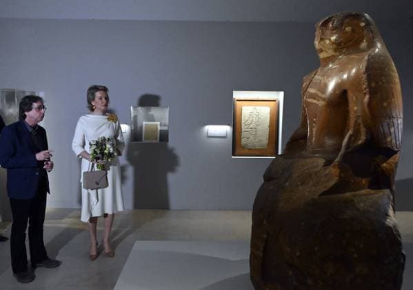 Queen Mathilde of Belgium pictured during a royal visit to the new exhibition Expedition Egypt at the Art and History Museum (Museum Kunst & Geschiedenis - Musee de l Art et d Histoire), in Brussels, Thursday 30 March 2023.  ERICxLALMAND 63906606