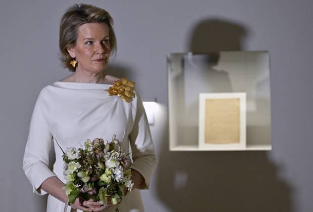 Queen Mathilde of Belgium pictured during a royal visit to the new exhibition Expedition Egypt at the Art and History Museum (Museum Kunst & Geschiedenis - Musee de l Art et d Histoire), in Brussels, Thursday 30 March 2023.  ERICxLALMAND 63906618