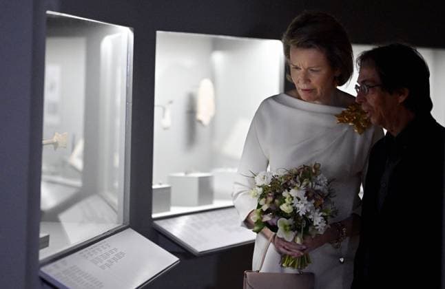 Queen Mathilde of Belgium pictured during a royal visit to the new exhibition Expedition Egypt at the Art and History Museum (Museum Kunst & Geschiedenis - Musee de l Art et d Histoire), in Brussels, Thursday 30 March 2023.  ERICxLALMAND 63906620