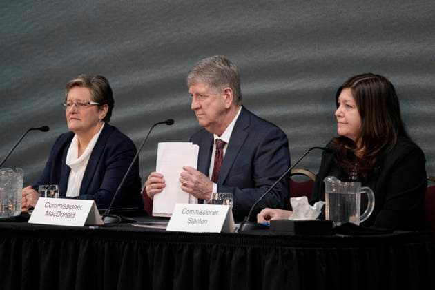 March 30, 2023, Truro, NS, Canada: From left to right, commissioners Leanne Fitch, Michael MacDonald, chair, and Kim Stanton deliver the final report of the Mass Casualty Commission inquiry into the mass murders in rural Nova Scotia in Truro, N.S. on Thursday, March 30, 2023. Truro Canada  - ZUMAc35_ 20230330_zaf_c35_008 Copyright: xDarrenxCalabresex