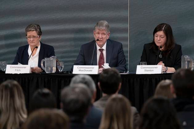 March 30, 2023, Truro, NS, Canada: From left to right, commissioners Leanne Fitch, Michael MacDonald, chair, and Kim Stanton deliver the final report of the Mass Casualty Commission inquiry into the mass murders in rural Nova Scotia in Truro, N.S. on Thursday, March 30, 2023. Truro Canada  - ZUMAc35_ 20230330_zaf_c35_022 Copyright: xDarrenxCalabresex
