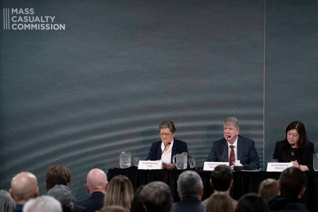 March 30, 2023, Truro, NS, Canada: From left to right, commissioners Leanne Fitch, Michael MacDonald, chair, and Kim Stanton deliver the final report of the Mass Casualty Commission inquiry into the mass murders in rural Nova Scotia in Truro, N.S. on Thursday, March 30, 2023. Truro Canada  - ZUMAc35_ 20230330_zaf_c35_023 Copyright: xDarrenxCalabresex