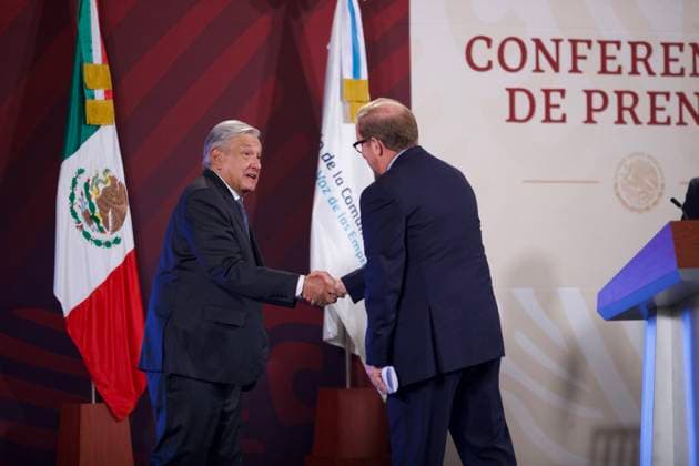 Francisco Casanova is presented as the new president of the Communication Council March 30, 2023, Mexico City, Mexico: Francisco Casanova Perez, incoming president of the Communication Council greet the Mexican president Lopez Obrador during the briefing conference of the Mexico s President Andres Manuel Lopez Obrador, where the change of presidency of the Communication Council takes place at National Palace. on March 30, 2023 in Mexico City, Mexico. (Photo by Julian Lopez Eyepix Group) Copyright: xJulianxLopez xEyepixxGroupx JL_30032023_90749