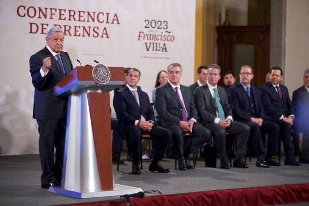 Francisco Casanova is presented as the new president of the Communication Council March 30, 2023, Mexico City, Mexico: Mexican President Andres Manuel LOpez Obrador speaks during the briefing conference, accompanied by Francisco Casanova PÃ rez, incoming president of the Communication Council and JosÃ Carlos Azcarraga Andrade, outgoing president of the Communication Council where the change of presidency of the Communication Council takes place at National Palace. on March 30, 2023 in Mexico City, Mexico. (Photo by Julian Lopez Eyepix Group) Copyright: xJulianxLopez xEyepixxGroupx JL_30032023_90766