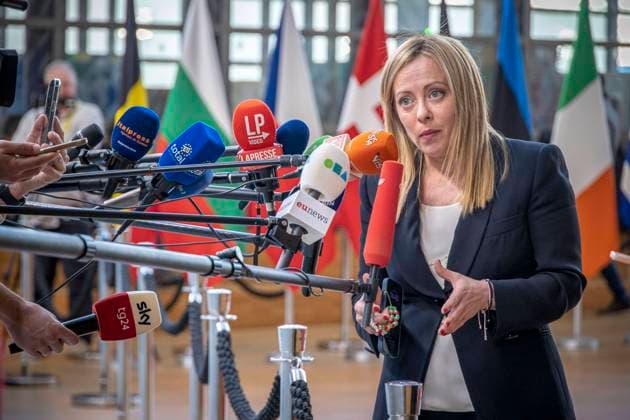 Giorgia Meloni Prime Minister Of Italy At The European Council Prime Minister of Italy Giorgia Meloni talks to the media at a standup doorstep media press briefing after the end of the two day European Council summit. The Italian PM Giorgia Meloni does statements, talks about the meeting with the EU leaders and heads of states at the headquarters of the European Union and answers questions from journalists. EUCO in Brussels, Belgium on 24 March 2023 Brussels Belgium  Copyright: xNicolasxEconomoux originalFilename: economou-giorgiam230324_npXUP.jpg