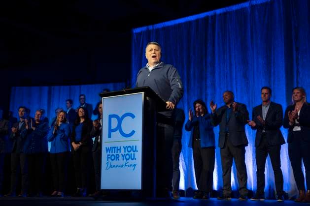 April 1, 2023, Charlottetown, PEI, Canada: PEI Progressive Conservative Leader Dennis King speaks to supporters while backed by candidates at a rally in Charlottetown, PEI on Saturday, April 1, 2023. Charlottetown Canada  - ZUMAc35_ 20230401_zaf_c35_106 Copyright: xDarrenxCalabresex