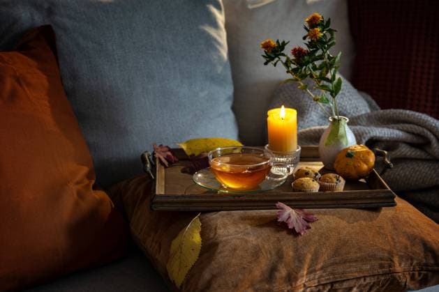 IMAGO Creative: Herbst, Gemütliches Zuhause Cozy tea time in autumn served on a tray with candle, flowers and fall decoration on the couch with pillows in warm dark colors, copy space, selected focus Cozy tea time in autumn served on a tray with candle, flowers and fall decoration on the couch with pillows in warm dark colors, copy space, selected focus, narrow depth of field Copyright: xZoonar.com MARENxWINTERx 19228594