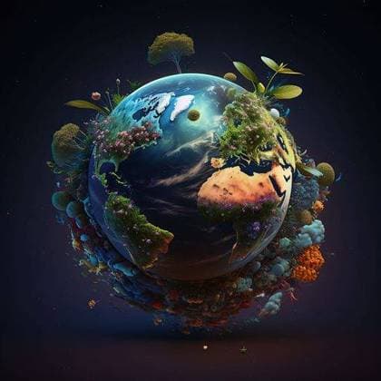RECORD DATE NOT STATED An AI generated illustration of planet earth with trees, plants and flowers *** An&Verkauf AI generiert illustrierung des Planetenweg Erde mit trees, Pflanzen und Blumen 17651098