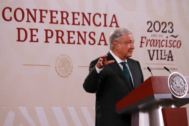 Mexican President, Lopez Obrador Briefing Conference April 04, 2023 in Mexico City, Mexico: Mexico s President, Andres Manuel LOpez Obrador, speaks during the daily conference in front of reporters at the national palace, on April 04, 2023 in Mexico City, Mexico. (Photo by Carlos Santiago Eyepix Group) Copyright: x<author >x xEyepixxGroupx CS202304045867