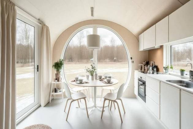 IMAGO Creative, Architektur, Zukunftsmodell Tiny house A round window in a tiny house with a round table and chairs. Generative AI, A round window in a tiny house with a round table and chairs. Generative AI, A round window in a tiny house with a round table and chairs. Generative AI, 20.03.2023, Copyright: xbluefishx Panthermedia33894651.jpg