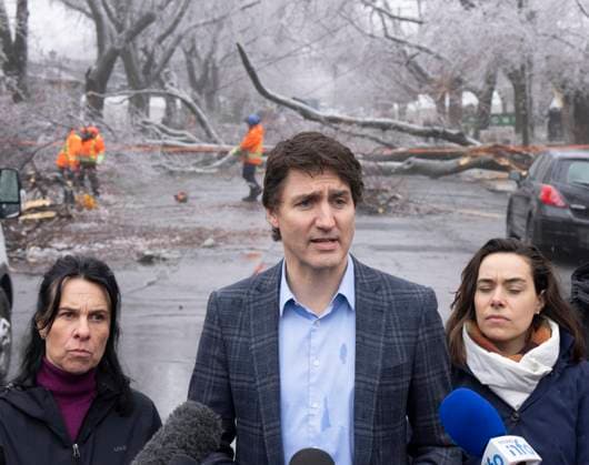 April 6, 2023, Montreal, PQ, Canada: Prime Minister Justin Trudeau speaks to the media with Mayor Valerie Plante, left, after yesterdayöÄÃ s ice storm, which left over a million customers without power, in Montreal, Thursday, April 6, 2023. Montreal Canada - ZUMAc35_ 20230406_zaf_c35_085 Copyright: xRyanxRemiorzx