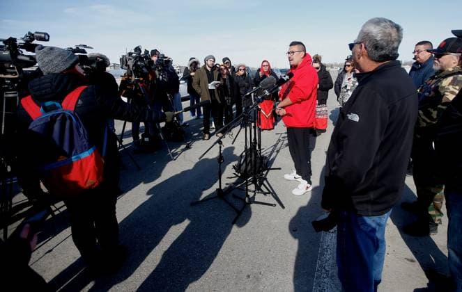 April 6, 2023, Winnipeg, MANITOBA, CANADA: Christopher Traverse, Chief of Lake St. Martin First Nation speaks to the media at Winnipegs Brady Landfill just outside the city, Thursday, April 6, 2023. Traverse and community members spoke about the recent discovery of Linda Beardys body in the landfill. Winnipeg CANADA  - ZUMAc35_ 20230406_zaf_c35_165 Copyright: xJohnxWoodsx