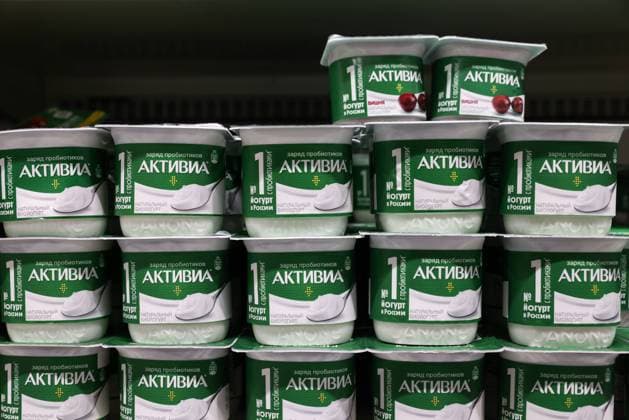 RUSSIA, RYAZAN - APRIL 7, 2023: Activia yogurts are on sale in a Globus hypermarket. The French multinational food company Danone plans to withdraw its brands Actimel, Activia, Alpro and Danone from the Russian market. Alexander Ryumin TASS  58280114