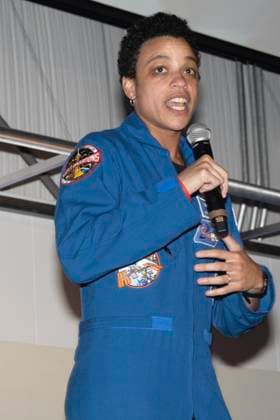 April 8, 2023, Los Angeles, California, United States: NASA Astronaut Jessica Watkins, who completed a long term flight on the International Space Station and flew to space aboard the SpaceX Dragon capsule speaks at the California Science Center to celebrate Yuri Gagarin s first spaceflight...Yuri s Night Los Angeles is an annual event that celebrates human achievement in space exploration. The event is held on or around April 12, the anniversary of Soviet Cosmonaut Yuri Gagarin s first human spaceflight in 1961...Yuri s Night Los Angeles features a variety of activities, including live music, food, interactive exhibits, and guest speakers. The event is also a fundraiser for The SpaceKind Foundation, a non-profit organization that promotes - ZUMAb177 20230408_zap_b177_033 Copyright: xTaidghxBarronx