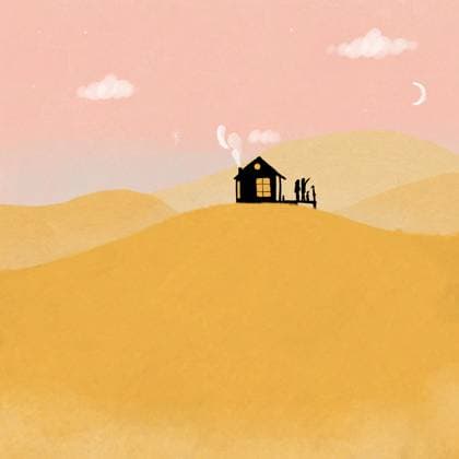 Illustration silhouette of small house located on yellow hill with family standing on front porch against pink sky and white fluffy clouds BrendaFebus_ID13363_407306_002 Copyright: xBrendaxFebusx Model Released